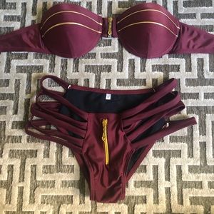 Maroon and Gold bikini set size S zipper detail